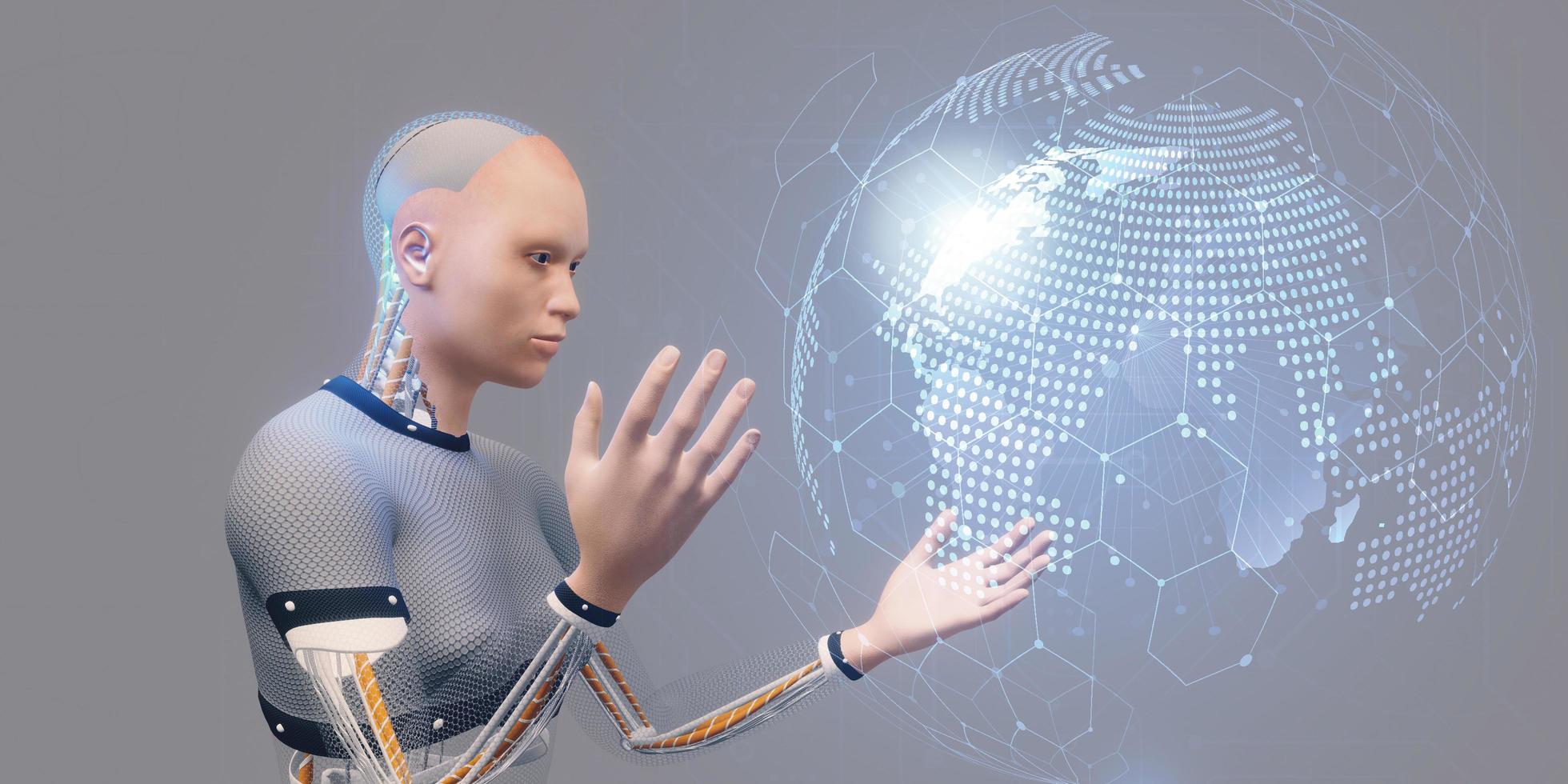 humanoide roboter zum lernen von ai-big-data-analysen und künstlichen intelligenzkonzepten 3d-illustration foto