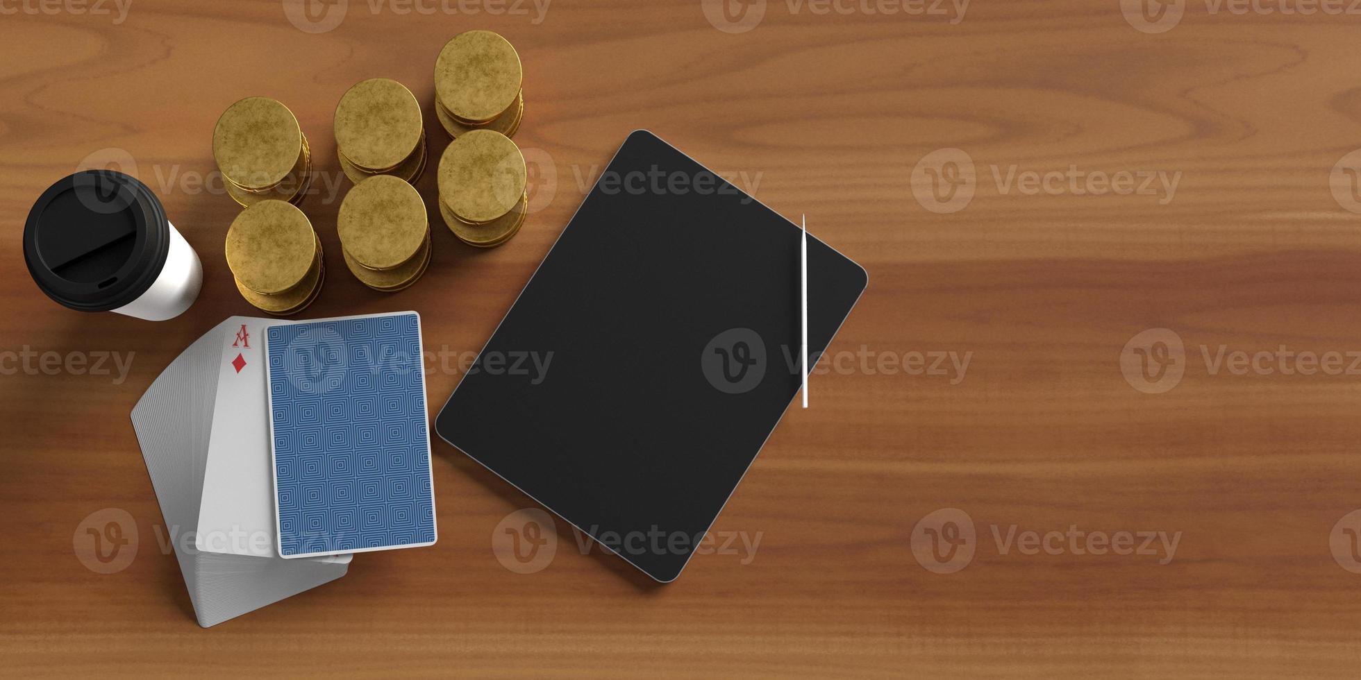 münze golden gelb orange farbe magie karte kasino poker blackjack tasche tablet notizbuch bleistift technologie finanzmarketing online kaffeetasse symbol geschäft bargeld geld reichtum reich income.3d render foto