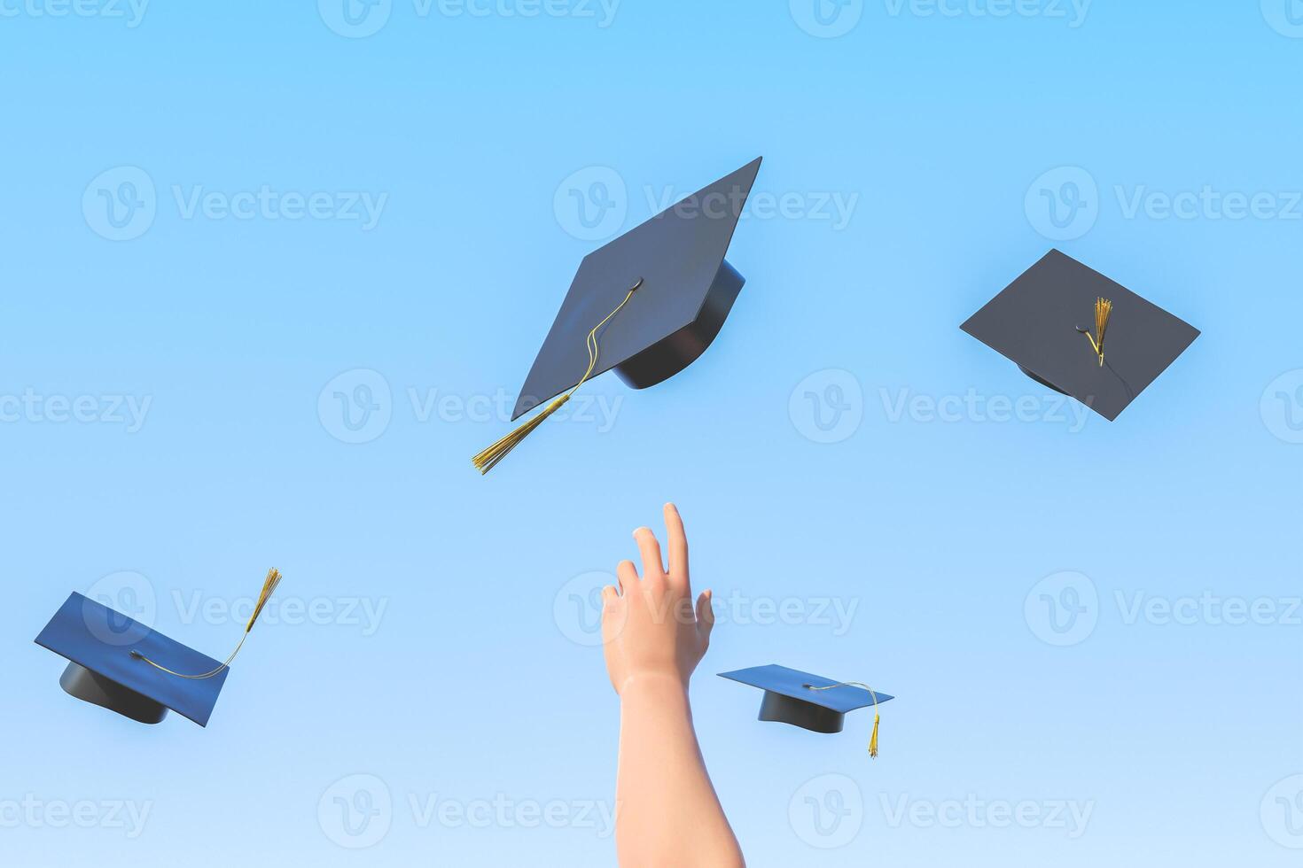 Akademische Hüte und Arm des Studenten vor blauem Hintergrund foto