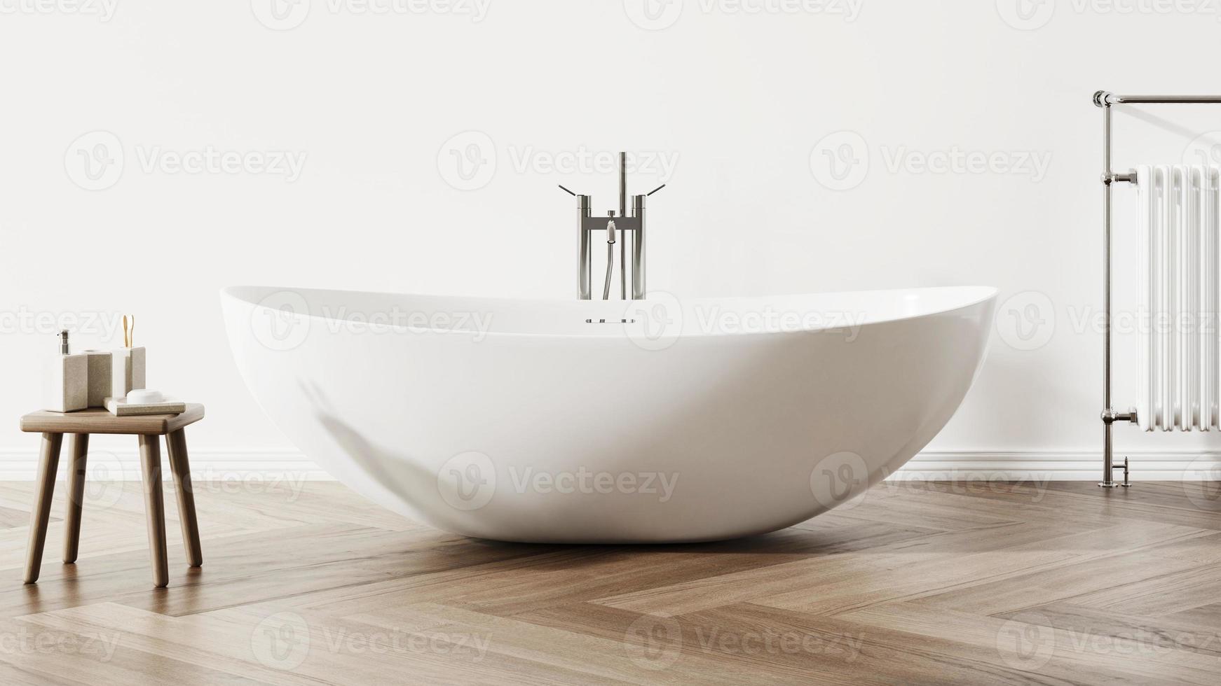 luxuriöses, modernes badezimmer-innendesign, weiße badewanne an weißer, sauberer wand, 3d-rendering foto