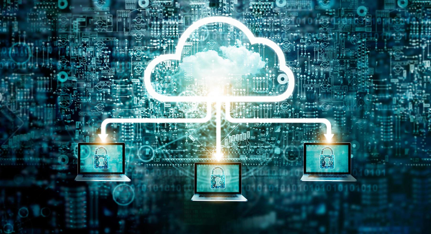 Cloud-Computing-Diagramm Netzwerkdatenspeicherungstechnologiedienst auf Strukturschaltungscomputer, Schloss, Cybersicherheit, Blockkette, Cloud-Computing-Konzept foto