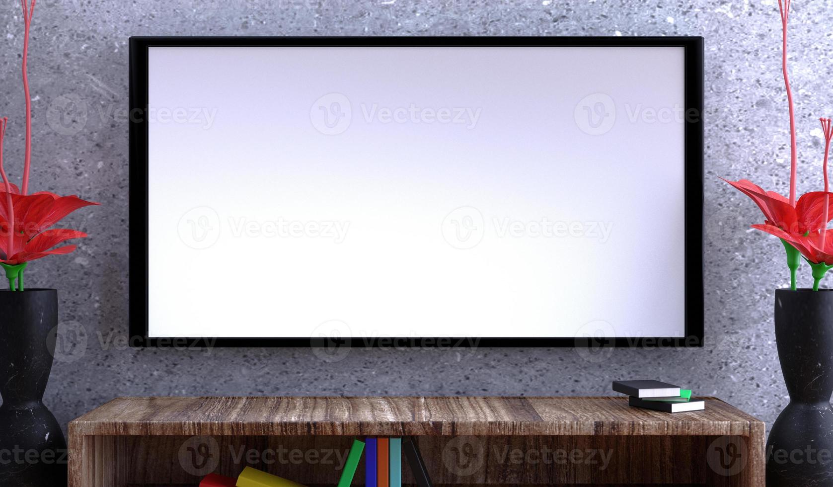 3D-Rendering weißer Bildschirm von Smart TV und Zubehör im Wohnzimmer für Kopierraum foto