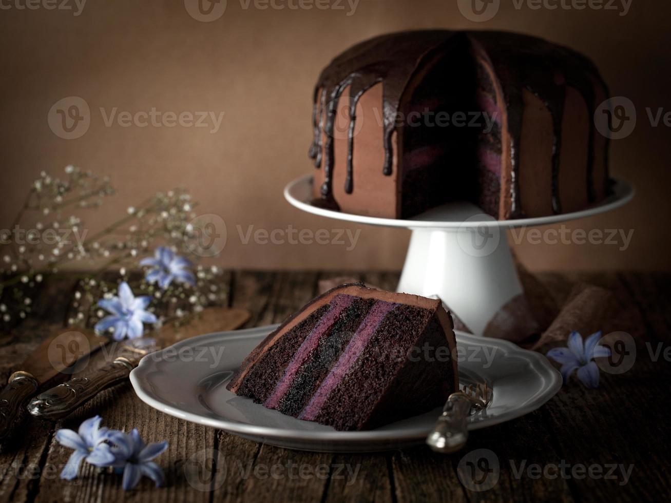 Vintage Schokoladenkuchen mit Blaubeercreme foto