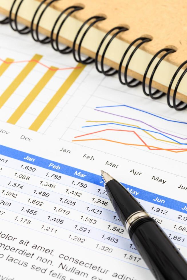 Marketingberichtsdiagramm und Diagrammanalyse mit Stift und Buch foto