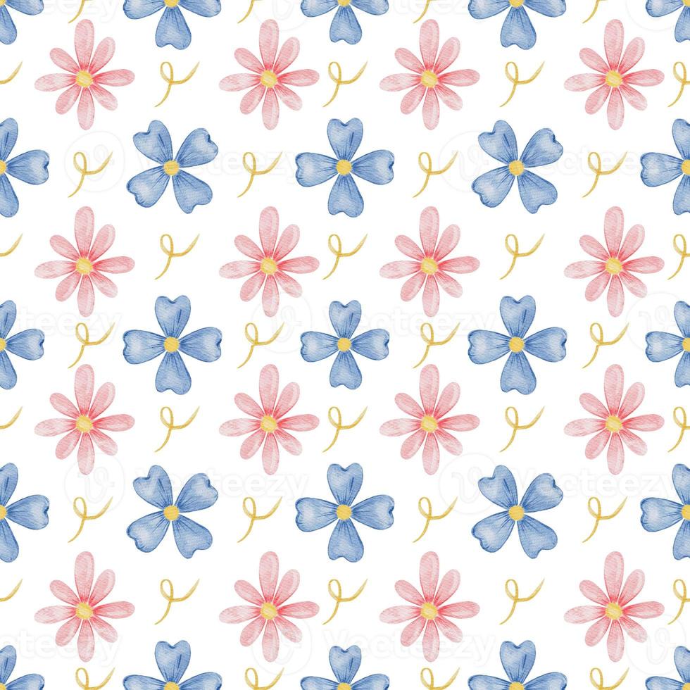 Aquarellrosa und blaues, nahtloses Blumenmuster mit handgezeichneten Eustomas. Muster mit zarten Blumen und Blättern. aquarellbeschaffenheit für verpackungspapier, stoff, dekor foto