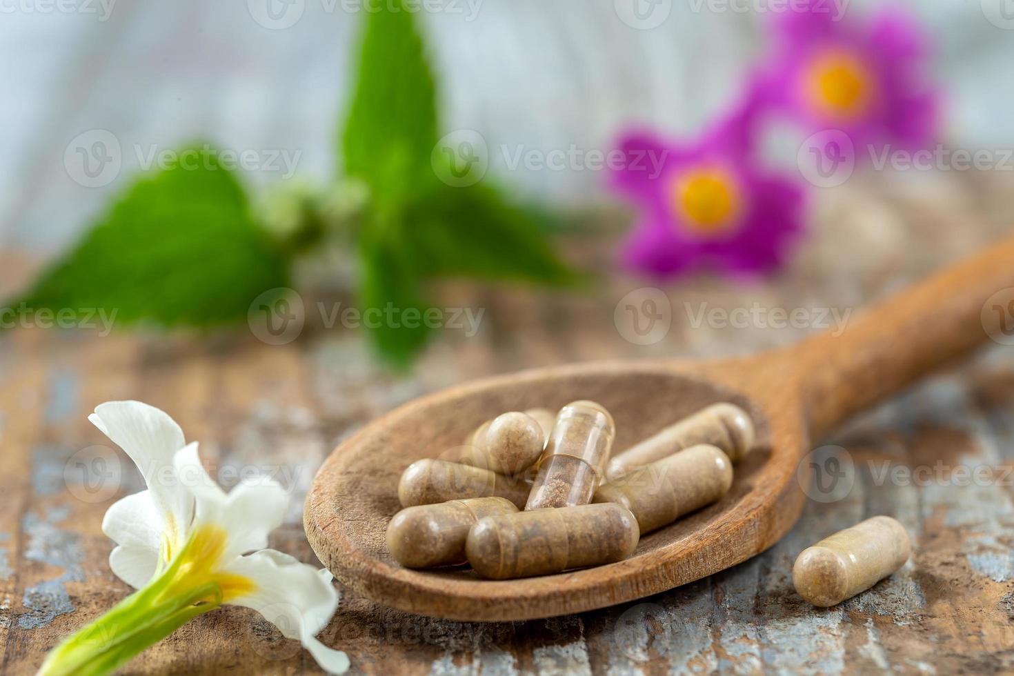 Holzlöffel Nahrungsergänzungsmittel gesunde Medizin Medikamente Gesundheitsbehandlung Zusatzstoffe Apotheke mit frischen Heilpflanzen im Hintergrund foto