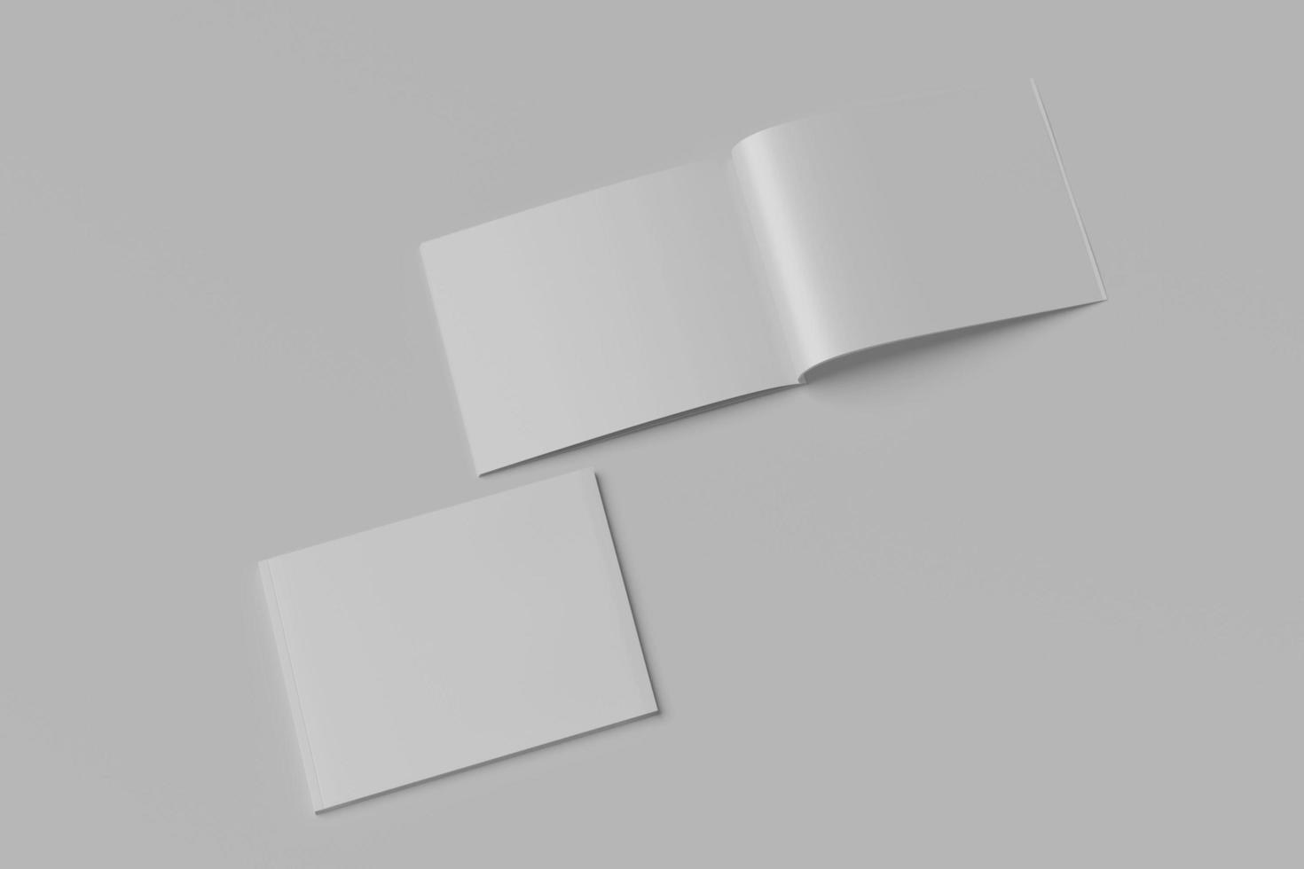 Softcover-Magazinlandschaft oder Broschürenmodell isoliert auf weichem grauem Hintergrund. 3D-Darstellung foto