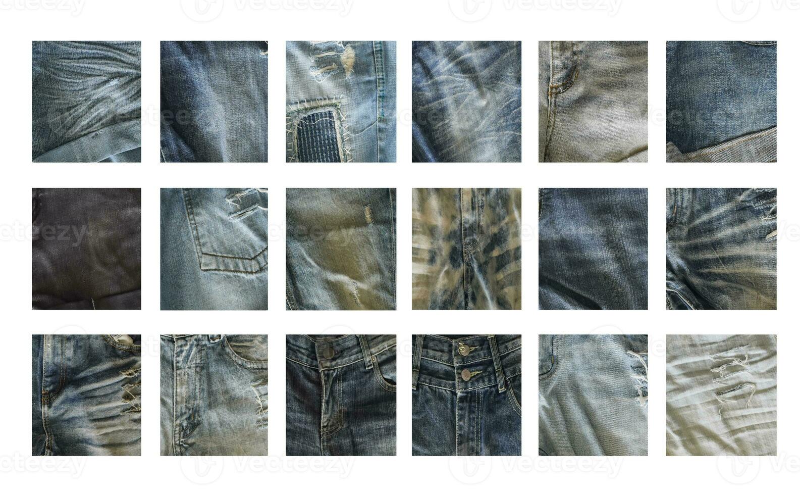 verschiedene Denim-Stoffproben isoliert auf weißem Hintergrund. nahaufnahmesammlung von jeanstexturen. foto