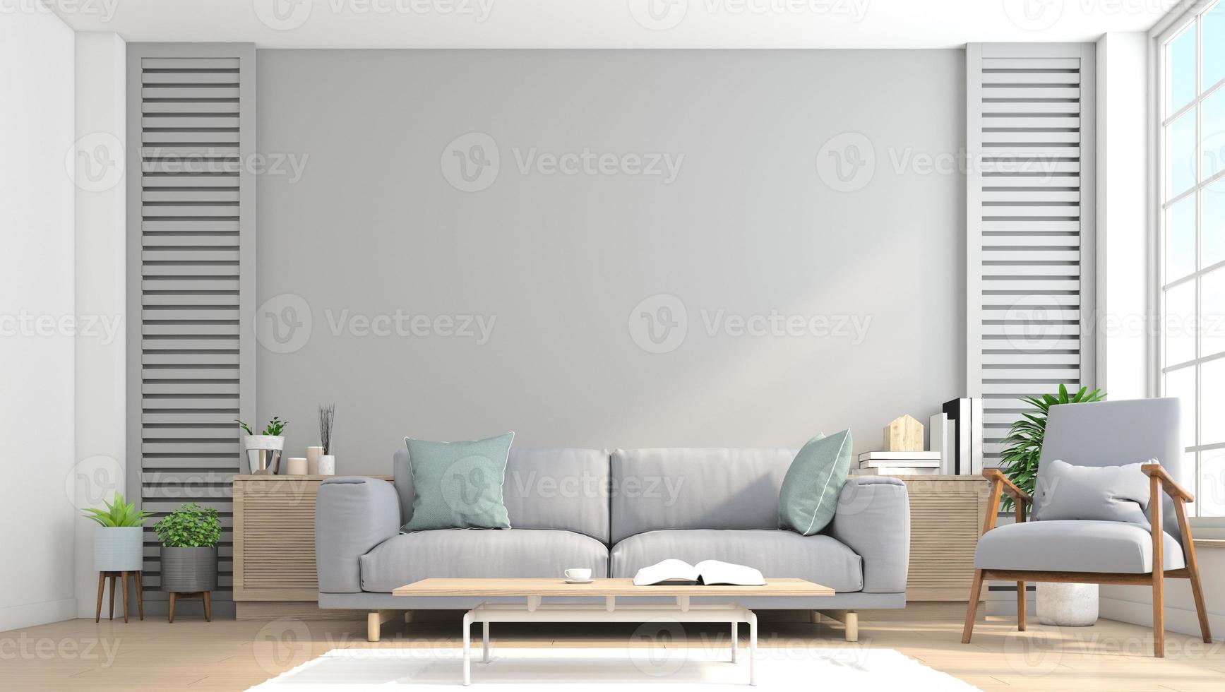 minimalistisches wohnzimmer mit sofa und sessel, anrichte auf grauem wandhintergrund. 3D-Rendering foto