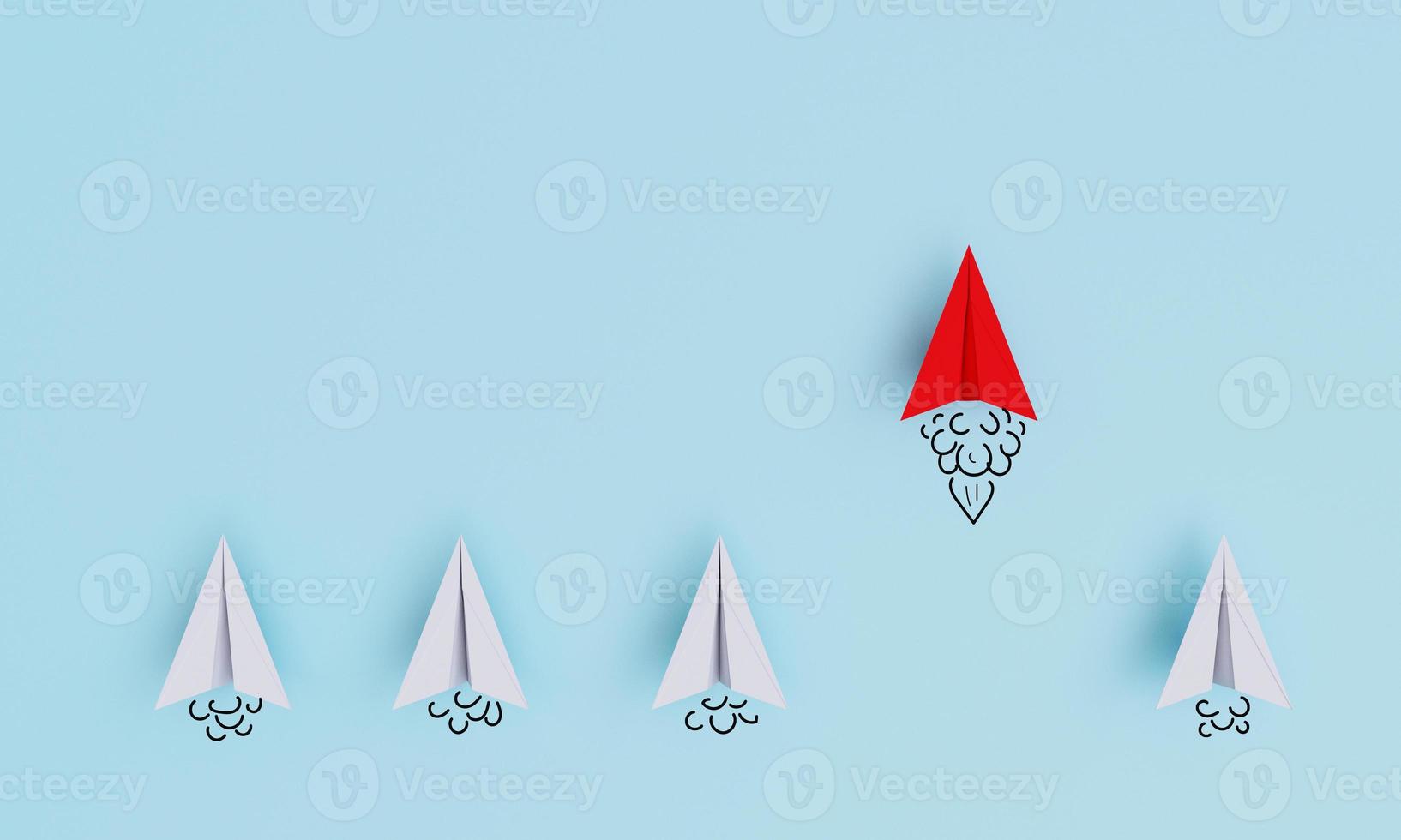rotes papierflugzeugfliegen und führendes weißes flugzeug für führungs- und geschäftswettbewerbskonzept auf blauem hintergrund durch 3d-rendering. foto