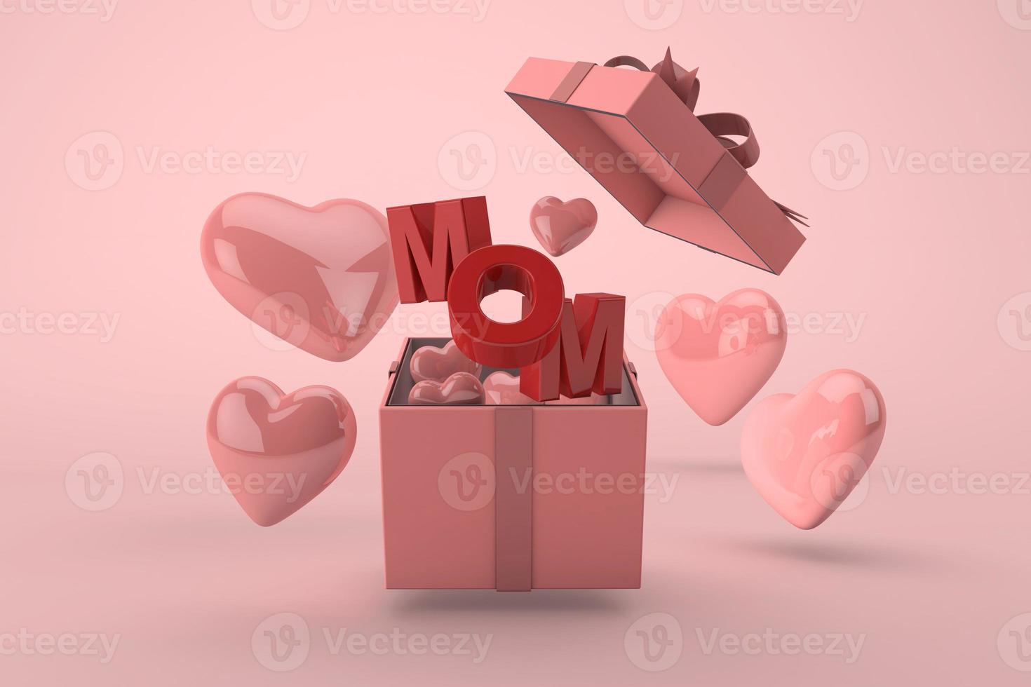 glücklicher muttertag, geschenkboxfeier mit muttertext und schwebenden herzen auf rosa hintergrund. 3D-Rendering foto