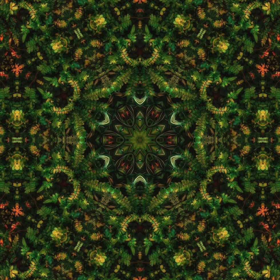 dunkelgrüner abstrakter quadratischer Hintergrund. Kaleidoskopmuster des dunklen Waldes. freier hintergrund. foto