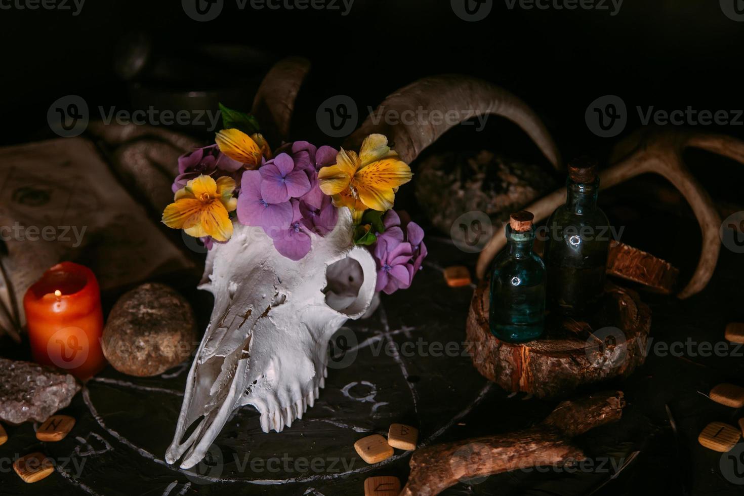 weißer Ziegenschädel mit Hörnern, Blumen, offenem altem Buch, Kerzen auf Hexentisch. foto
