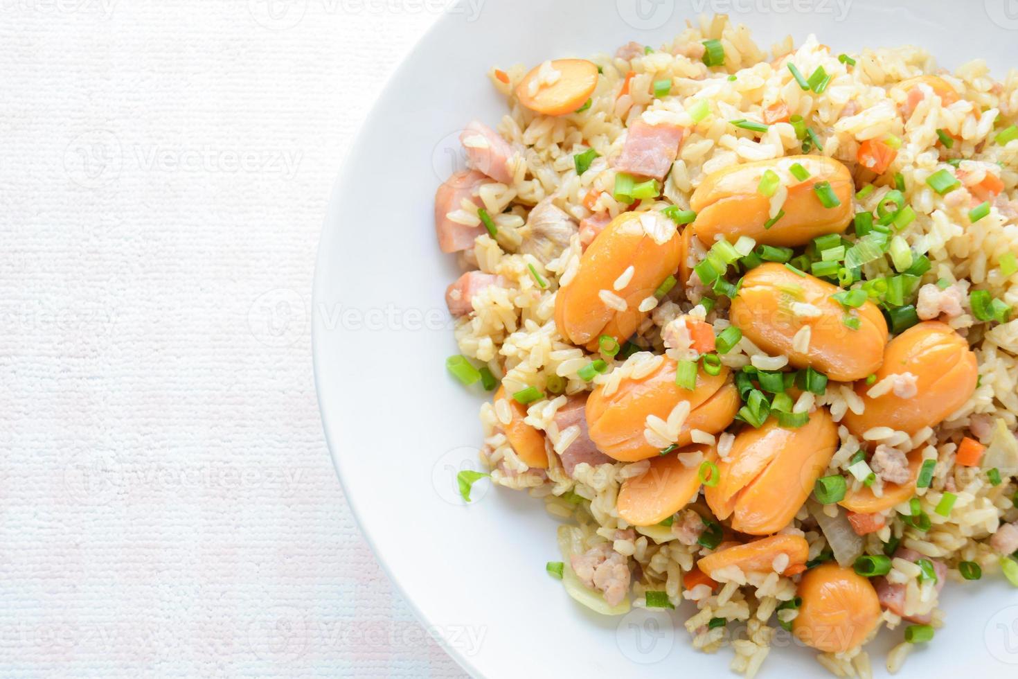 gebratener Reis mit geräucherter Wurst, ein schnell gebratener Reis für eine einfache, aber äußerst sättigende Mahlzeit an einem kalten Tag. foto