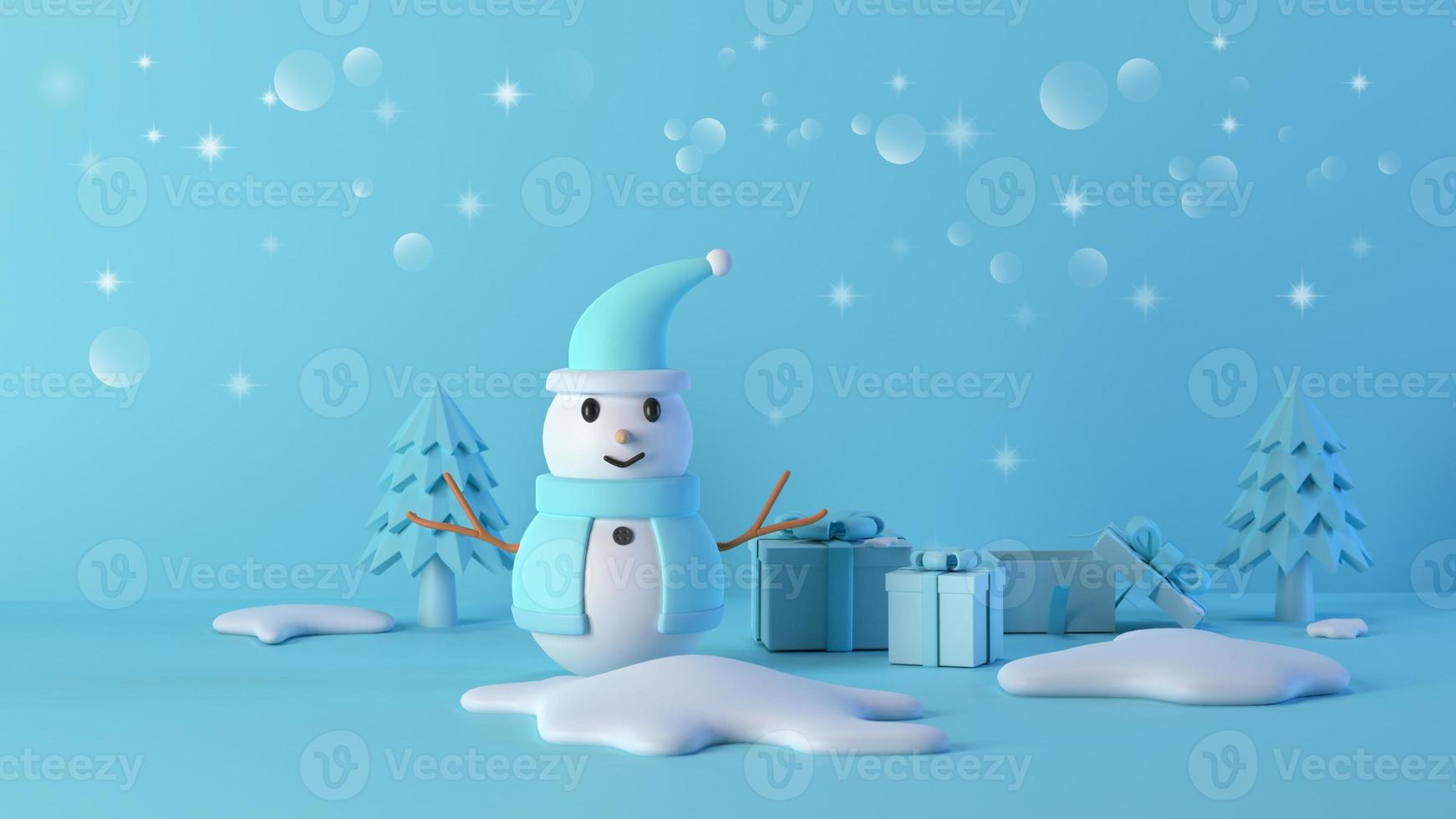 Blauer Schneemann mit Geschenkbox in der Wintersaison 3D-Darstellung foto