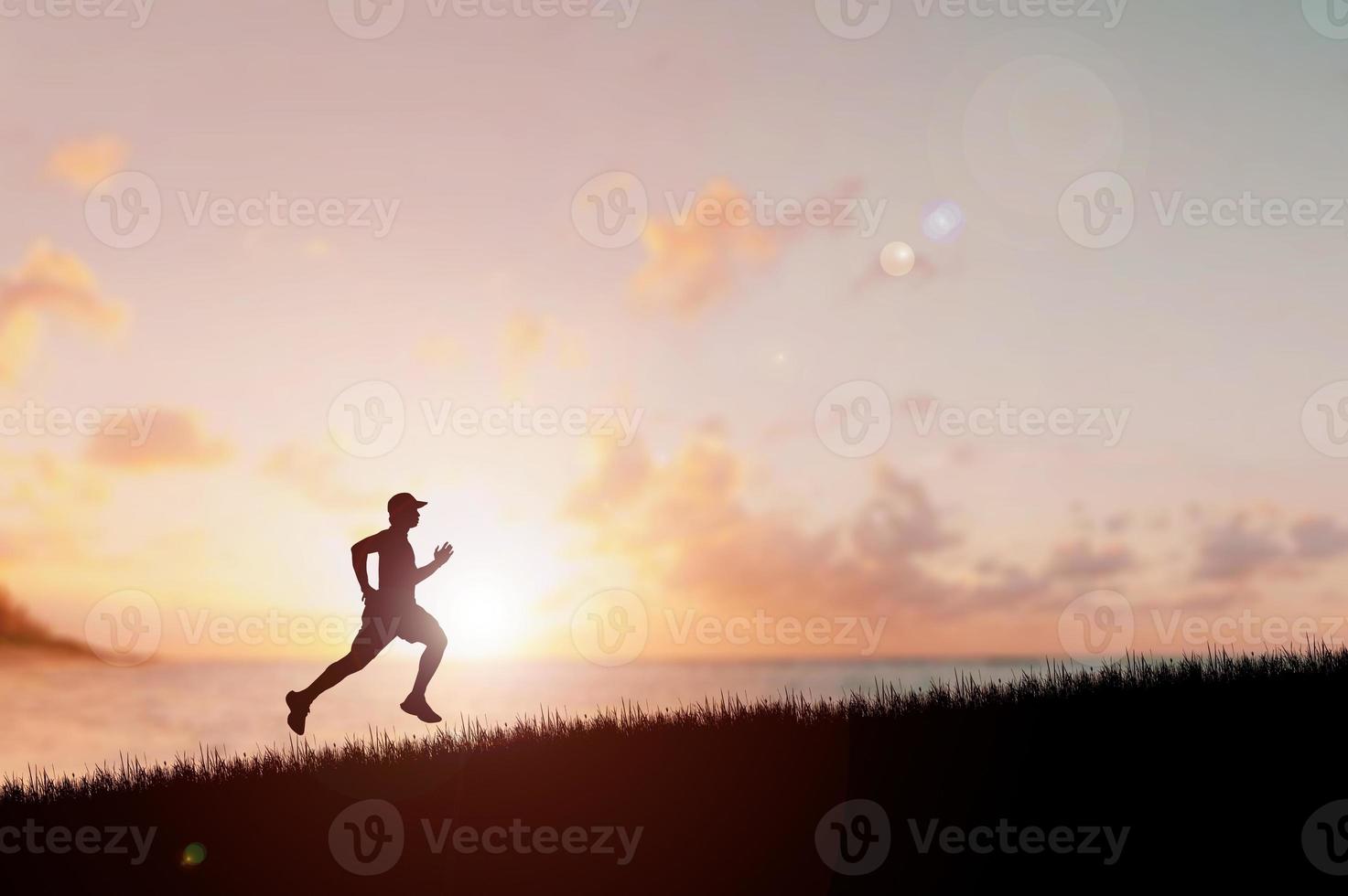 Running Man Silhouette im Sonnenuntergang. Silhouette für ein abendliches Läufertraining. Sonnenuntergänge foto
