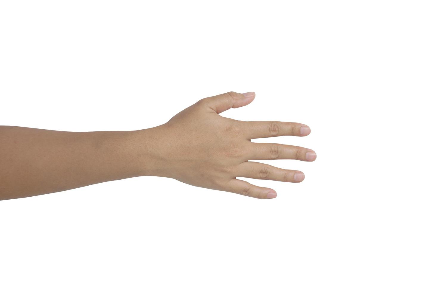 weiblicher Arm einschließlich Handfinger und Daumen, der Körperteil lokalisiert auf weißem Hintergrund mit Ausschnittspfad foto