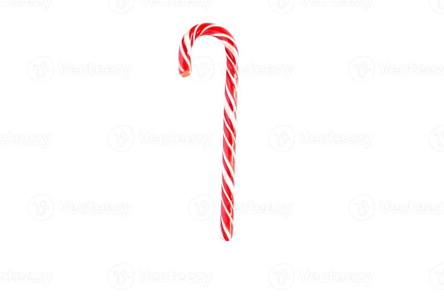 Weihnachten Candy-Santa's Striped Cane auf weißem Hintergrund, isolieren. Nahansicht. weihnachten, neujahr. Dekoration, Süßigkeit, Bonbons, Leckereien für Kinder foto