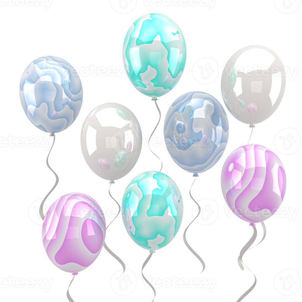 bunte Luftballons fliegen für Geburtstagsfeiern und Feiern. 3D-Render für Geburtstag, Party, Banner. foto