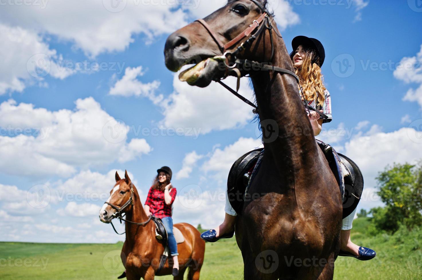 Schleppen Sie junge hübsche Mädchen, die an sonnigen Tagen auf einem Feld reiten foto