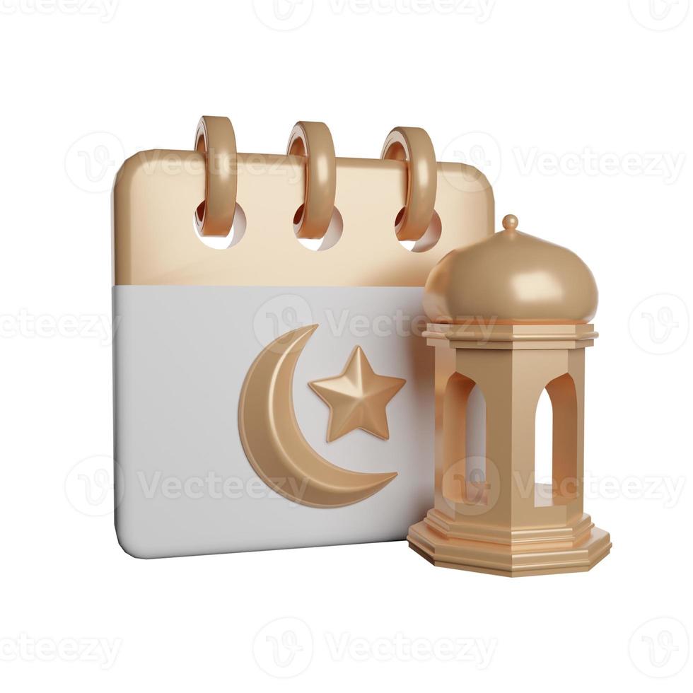 Ramadan-Kalender mit Mond- und Sternlaternendekoration 3D-Symbol Foto hoher Qualität