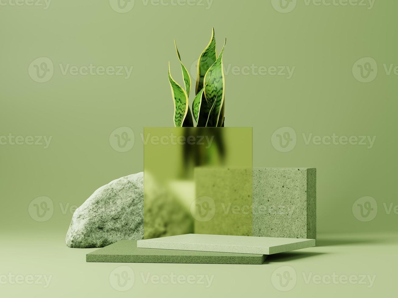 3D minimale Anzeigepodien mit grünen Pflanzen und Steinen auf grünem Hintergrund. 3D-Rendering einer abstrakten Präsentation für Produktwerbung. 3D-Minimaldarstellung. foto