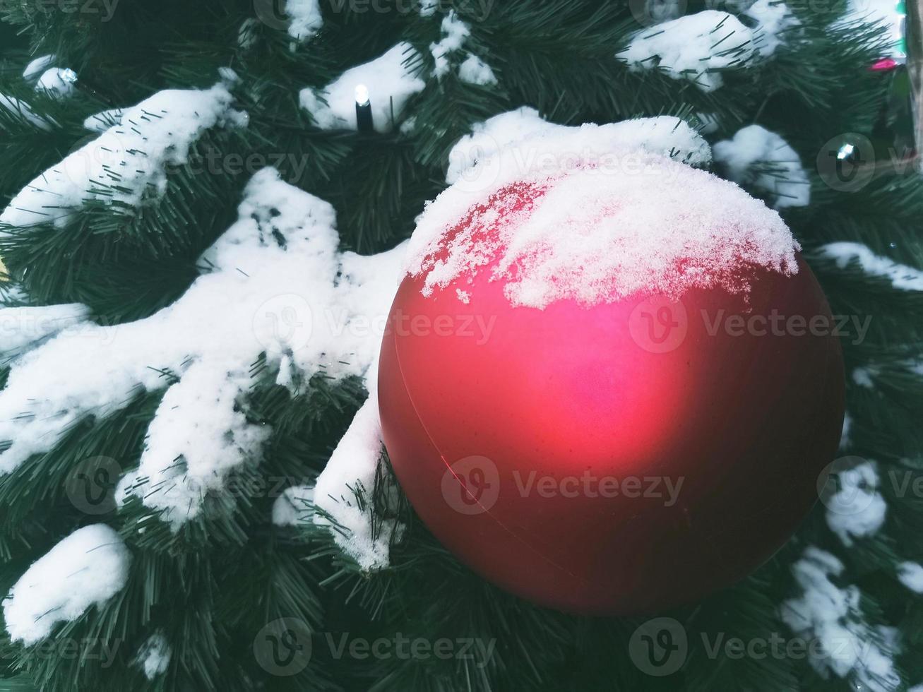 rote Kugel auf einem schneebedeckten Weihnachtsbaum. dekorative Feiertagsdekorationen. festlicher Hintergrund. foto