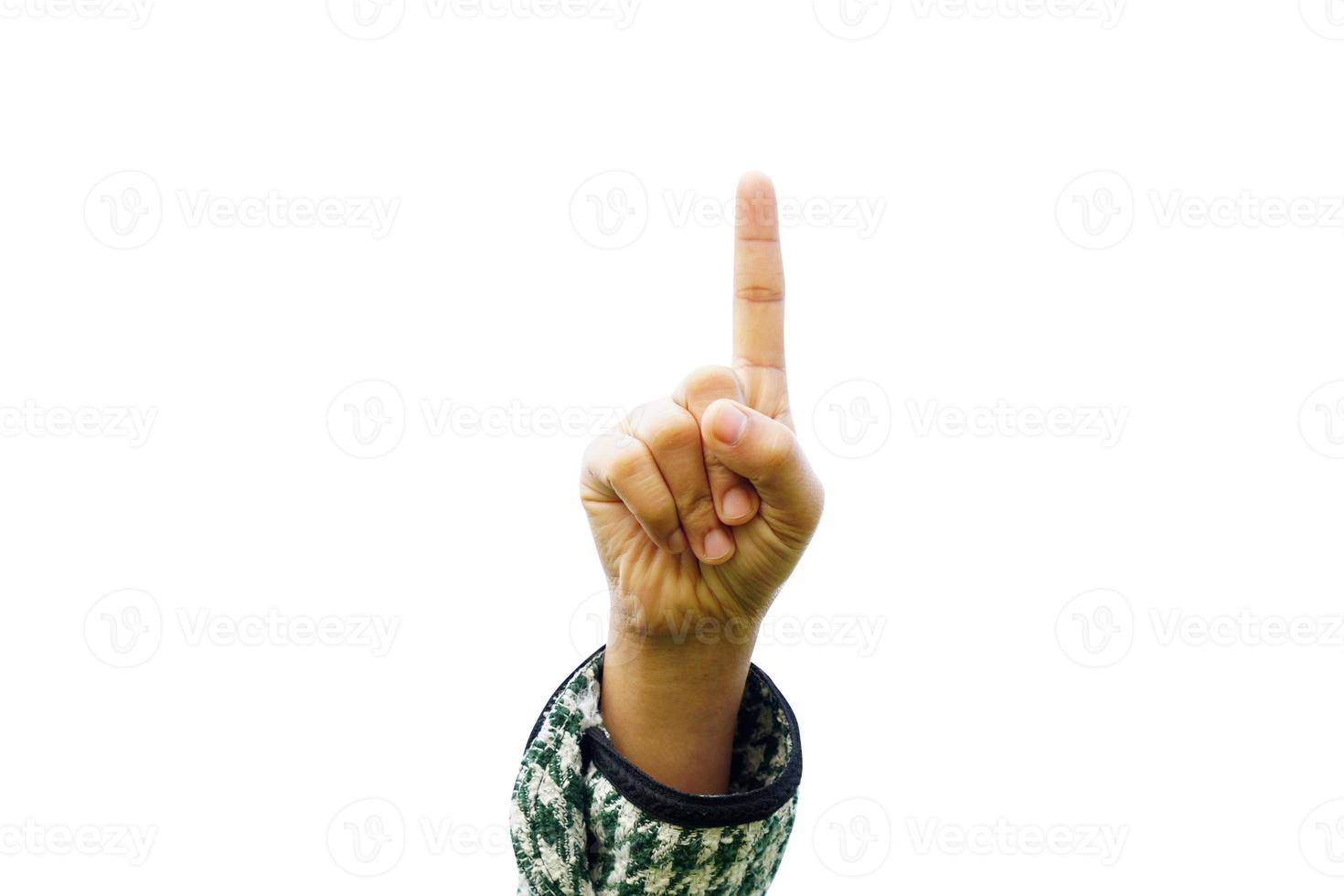 menschliche Hand, die auf einem weißen Hintergrund nach oben zeigt foto