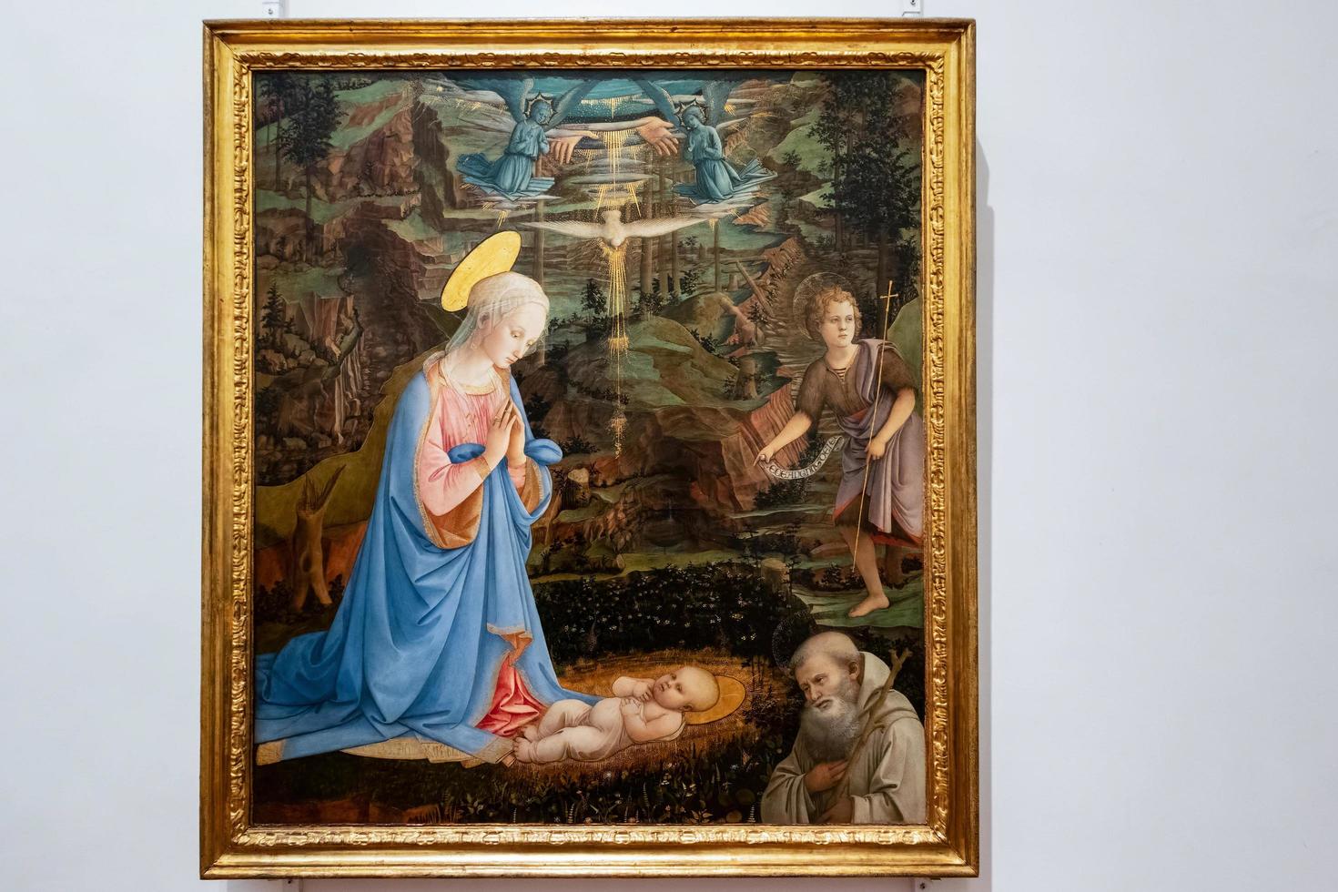 florenz, toskana, italien, 2019. anbetung des christuskindes mit dem jungen st johannes der täufer gemälde in der uffiziengalerie foto