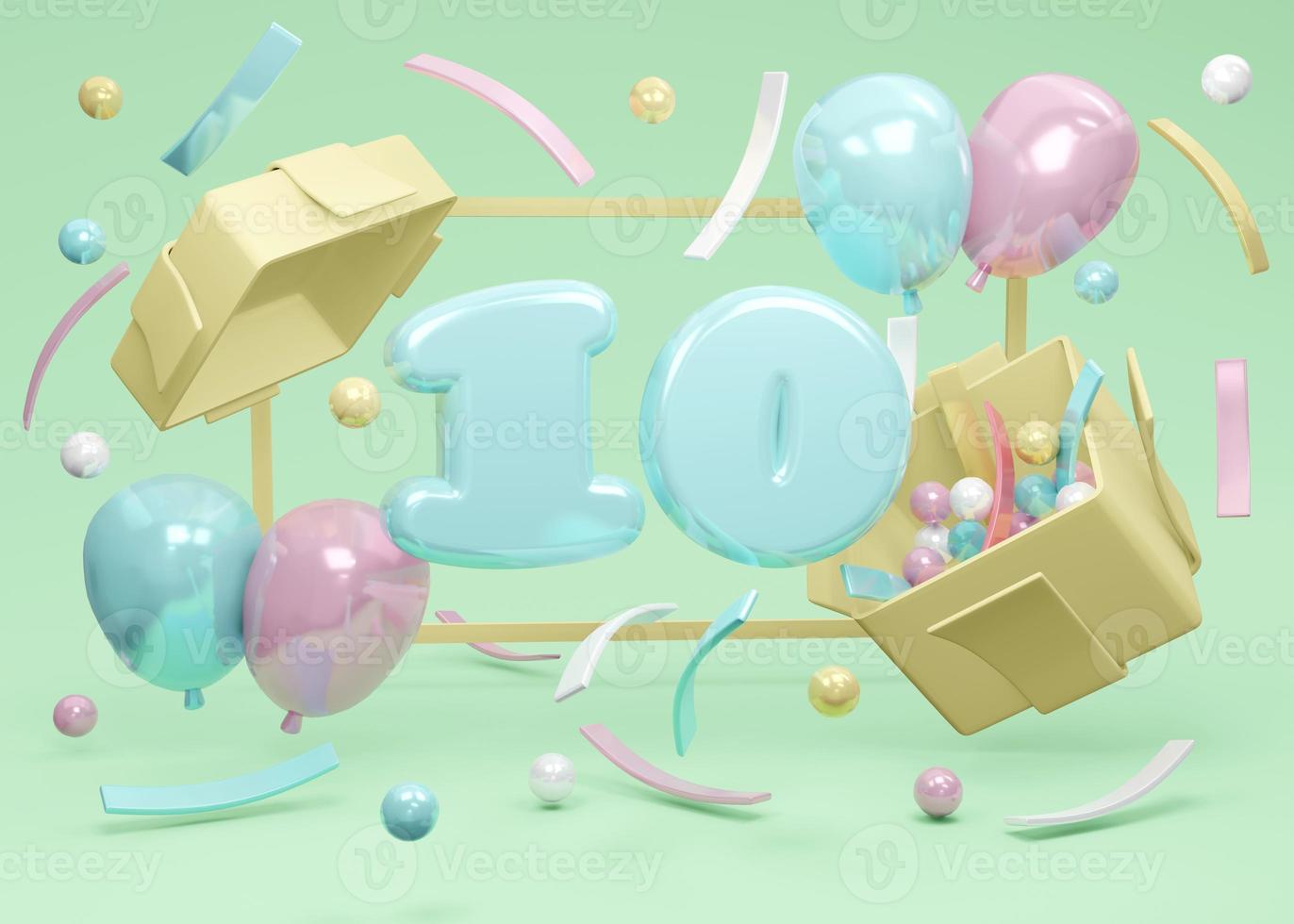 3D-Rendering-Konzept der Happy Birthday Party. Nummer 10 Geburtstag explodiert aus Geschenkbox mit Luftballons und Konfetti auf grünem Hintergrund. 3D-Rendering. 3D-Darstellung. Minimale Designvorlage. foto