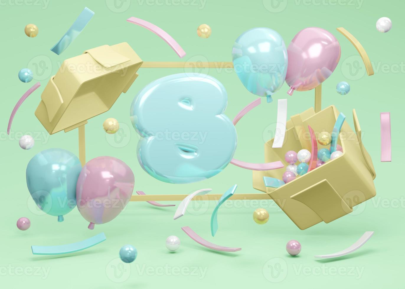 3D-Rendering-Konzept der Happy Birthday Party. Nummer 8 Geburtstag explodiert aus Geschenkbox mit Luftballons und Konfetti auf grünem Hintergrund. 3D-Rendering. 3D-Darstellung. Minimale Designvorlage. foto