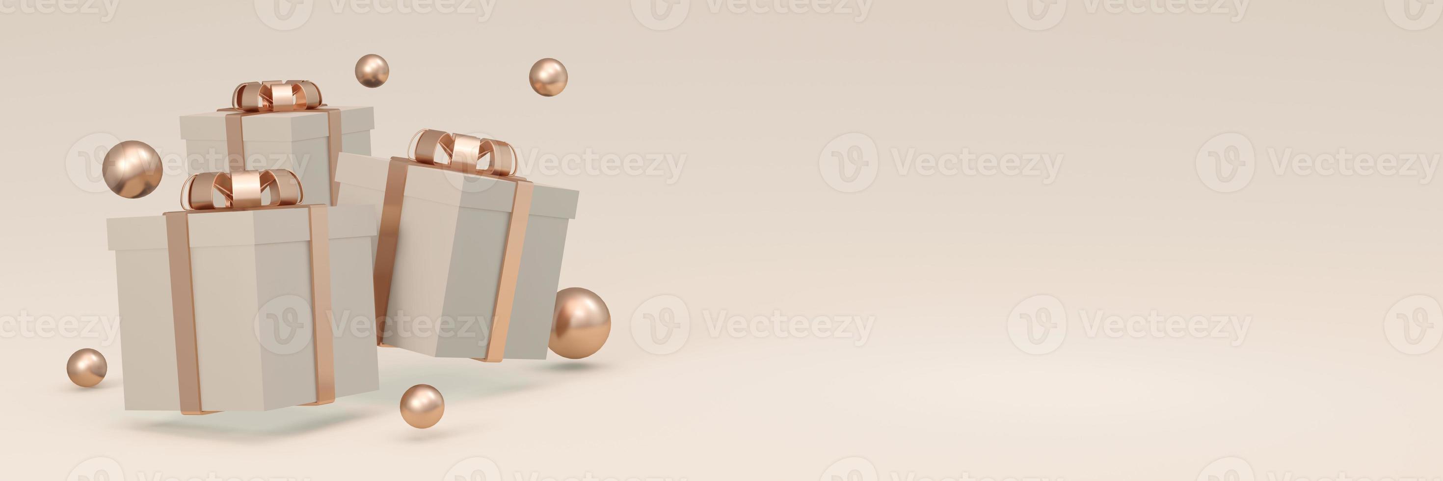 3D-Darstellung einer verpackten Geschenkbox, die auf einem langen horizontalen Hintergrund in goldbeigem Design schwebt. 3D-Darstellung. foto