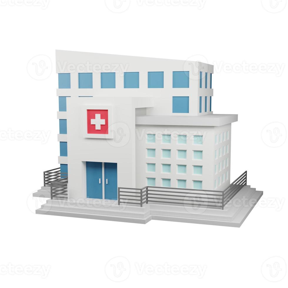 Krankenhausgebäude auf weißem Hintergrund isoliert. szene für gesundheit, medizin, architekturhintergrund. 3D-Darstellung. foto