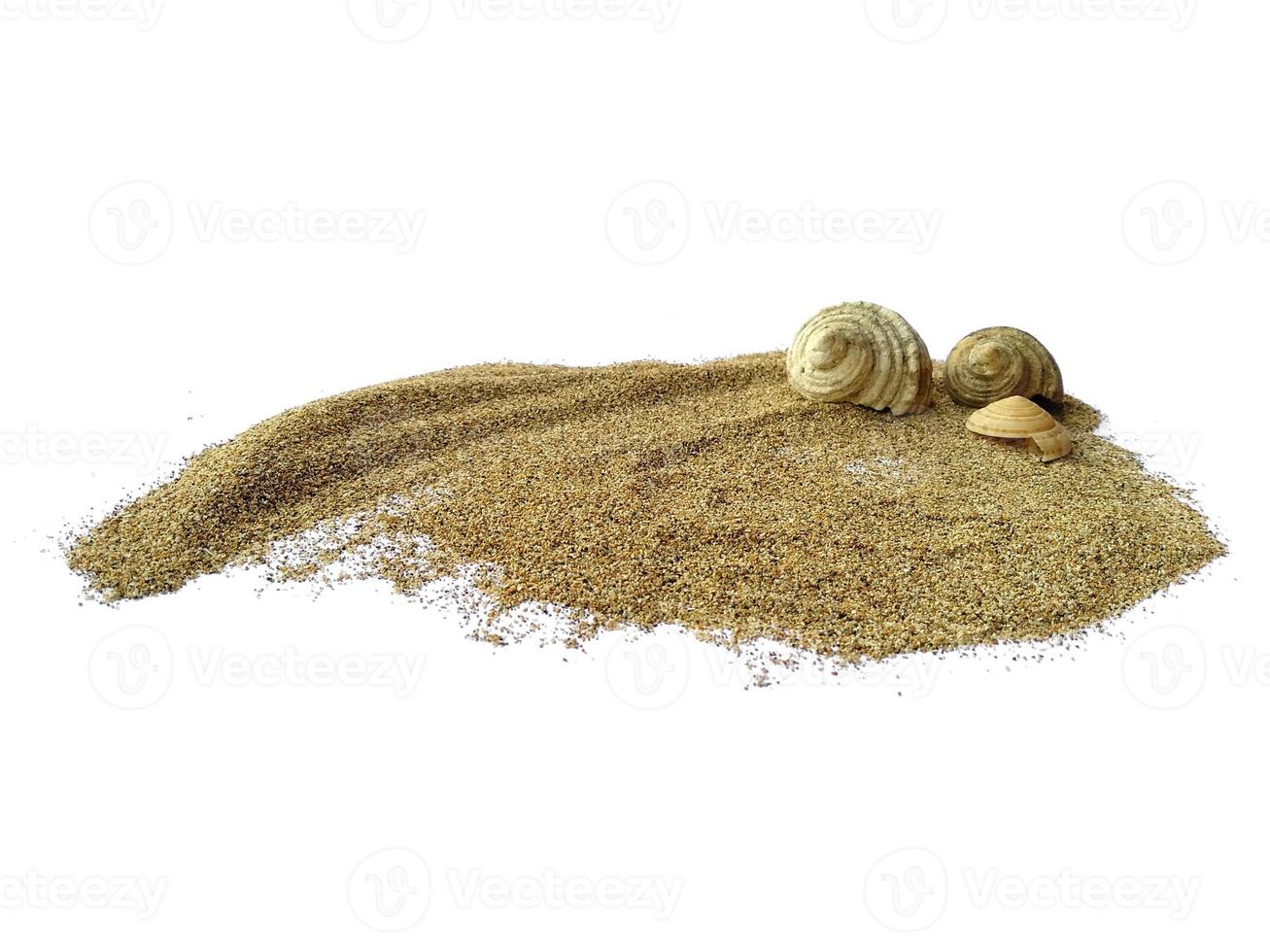 Muscheln und Perlen im Sand auf weißem Hintergrund foto