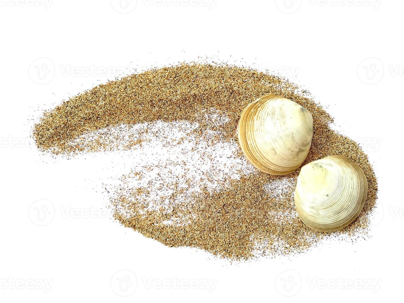 Muscheln und Perlen im Sand auf weißem Hintergrund foto