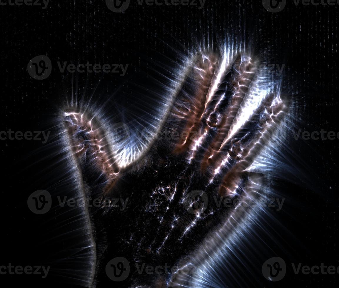 3D-Darstellung einer leuchtenden menschlichen weiblichen Hand mit einer Kirlianaura, die verschiedene Symbole zeigt foto