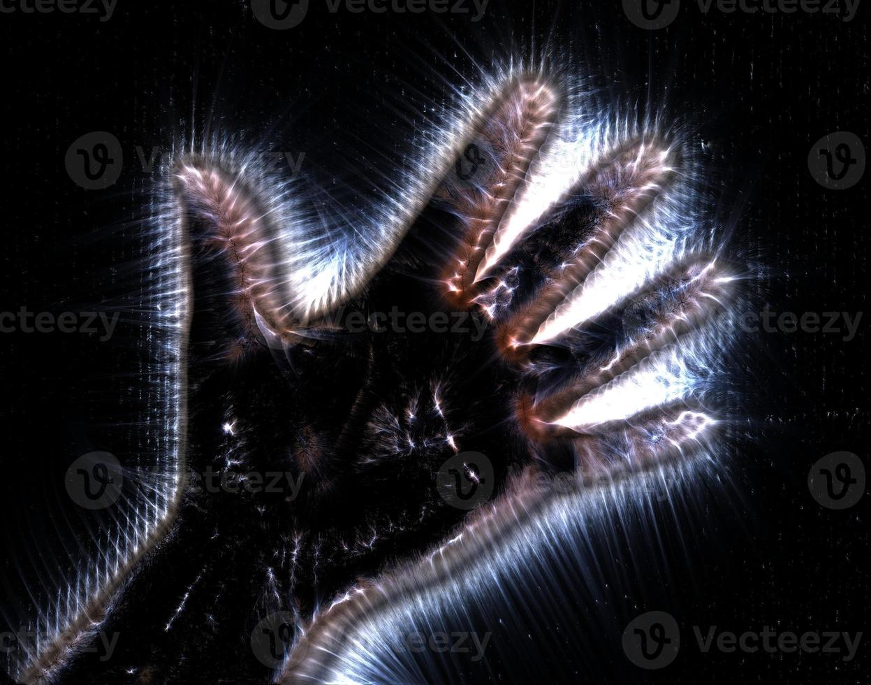 3D-Darstellung einer leuchtenden menschlichen weiblichen Hand mit einer Kirlianaura, die verschiedene Symbole zeigt foto