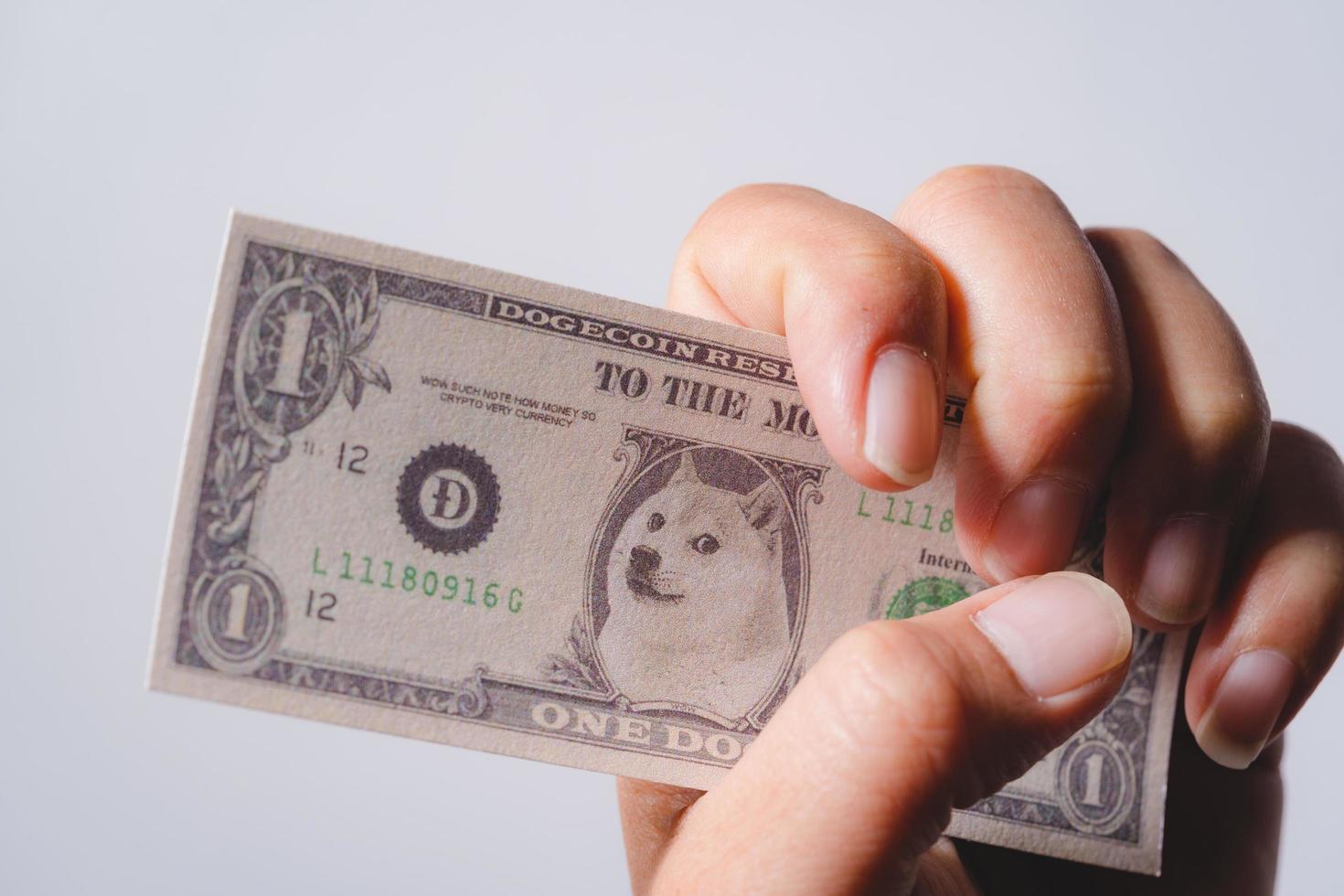 Dogecoin-Karte Dogen-Kryptowährungsmünze auf der Hand Stapelbanknoten Dollargeld virtuelle Blockchain-Technologie ist weißer Hintergrund und freier Platz, um den Text etwas zu platzieren foto