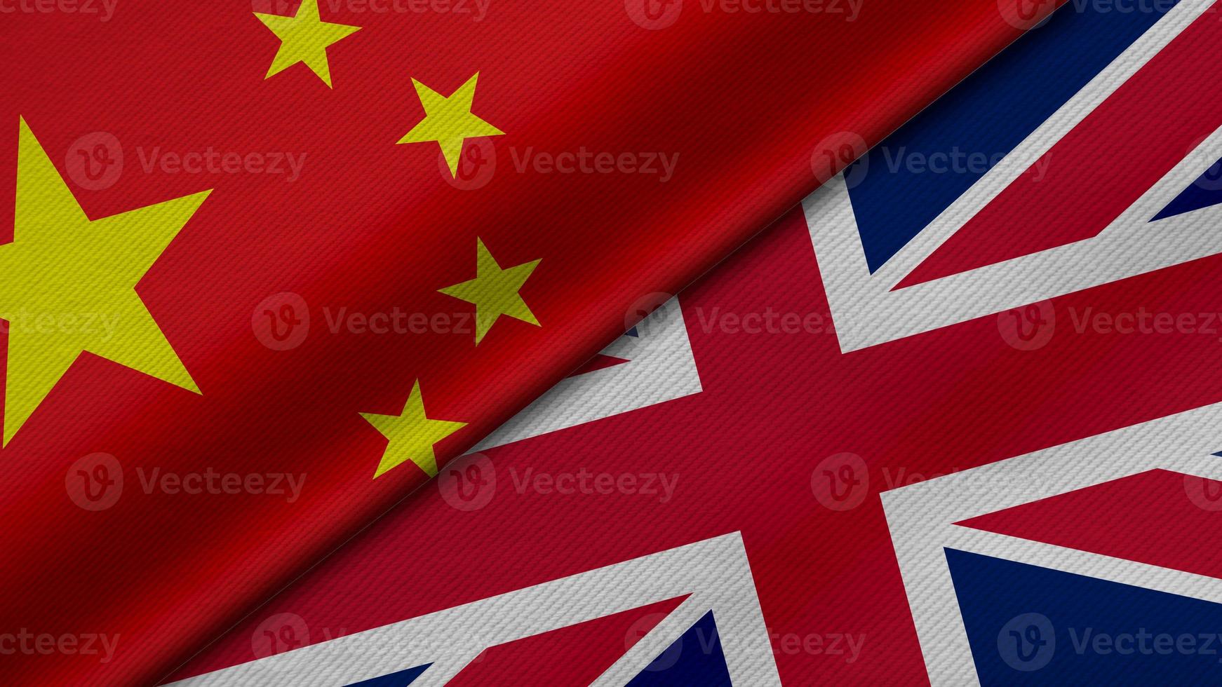 3D-Darstellung von zwei Flaggen aus China und Großbritannien oder Großbritannien zusammen mit Stoffstruktur, bilateralen Beziehungen, Frieden und Konflikten zwischen Ländern, ideal für den Hintergrund foto