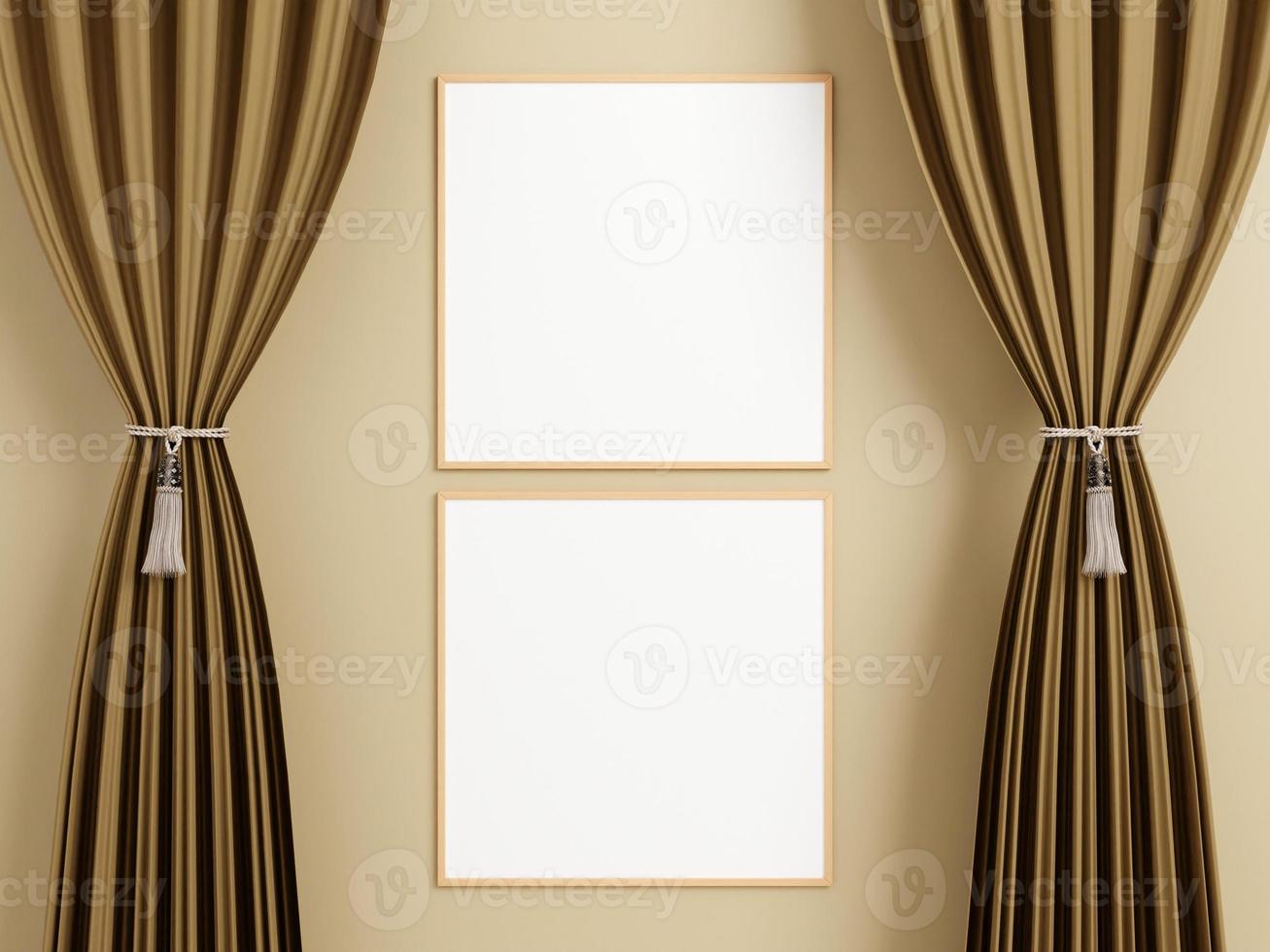 minimalistisches quadratisches holzplakat oder fotorahmenmodell an der wand zwischen dem vorhang. foto