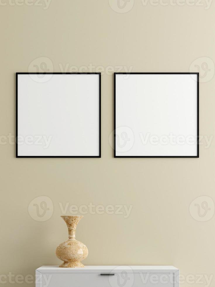 Zwilling minimalistisches quadratisches schwarzes Poster oder Fotorahmenmodell an der Wand im Wohnzimmer mit Schreibtisch. 3D-Rendering. foto