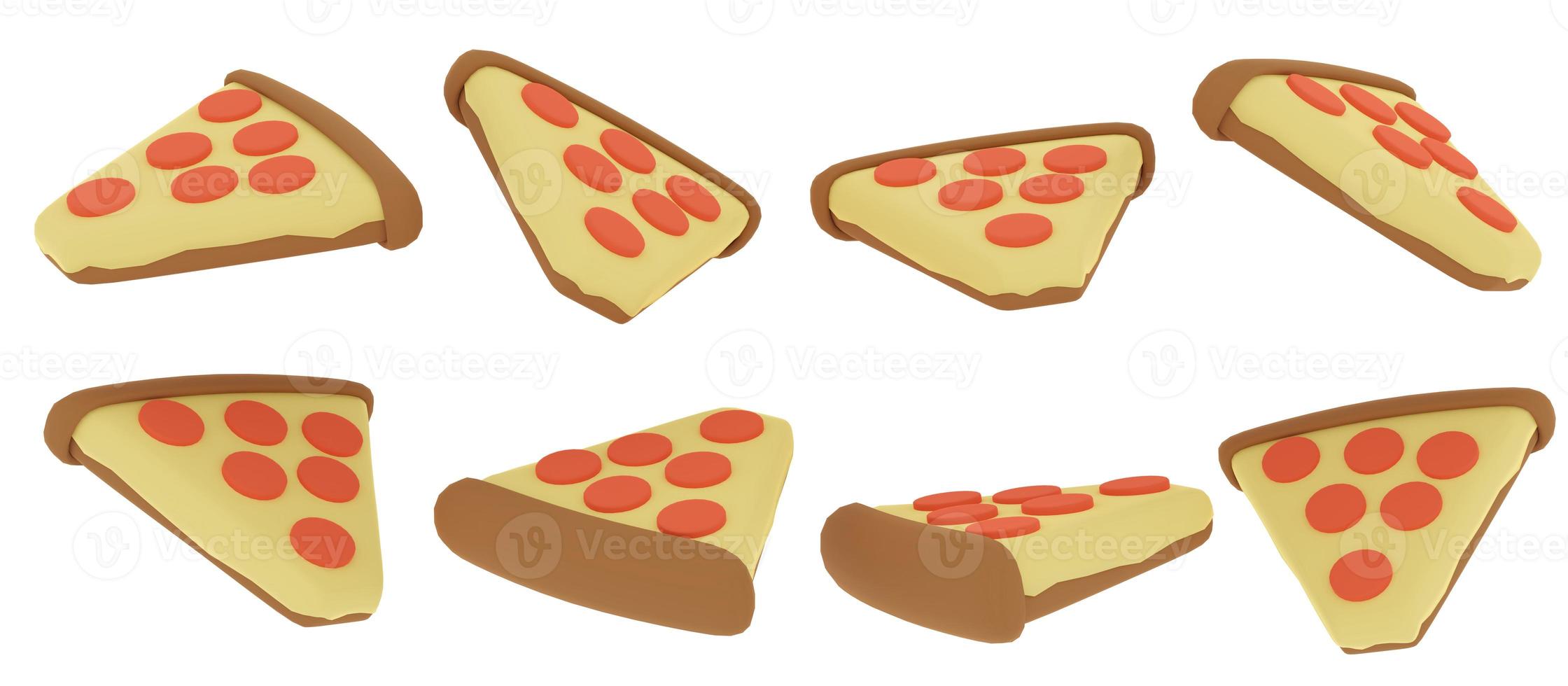 3D-Rendering-Konzept von Lebensmitteln. Set von sich drehenden Stück Pizza in vielen Ansichten rotieren in verschiedenen Winkeln isoliert auf weißem Hintergrund. 3D-Rendering. 3D-Darstellung. foto