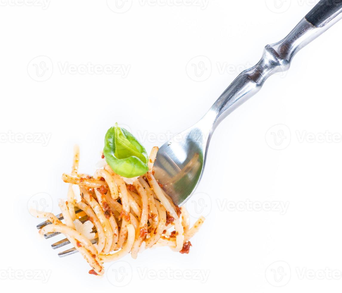 Spaghetti auf einer Gabel (mit Pesto) foto