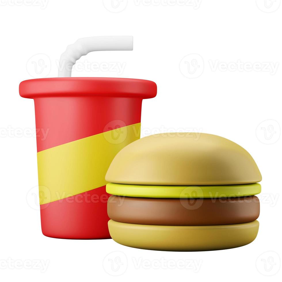 kalorienreiches alkoholfreies getränk und burger junk ungesundes fast food 3d-rendering symbol illustration diät essen und fitness thema foto