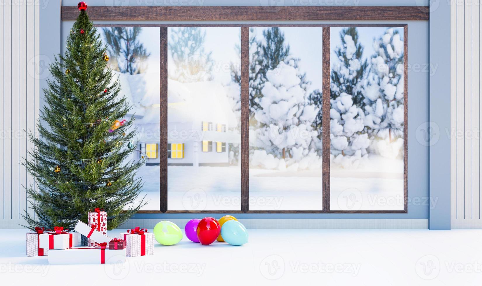 frohe weihnachten und frohes neujahrsfest, weihnachtsbaum und cristmas präsentiert dekoration im haus am glasfenster am verschneiten tag foto