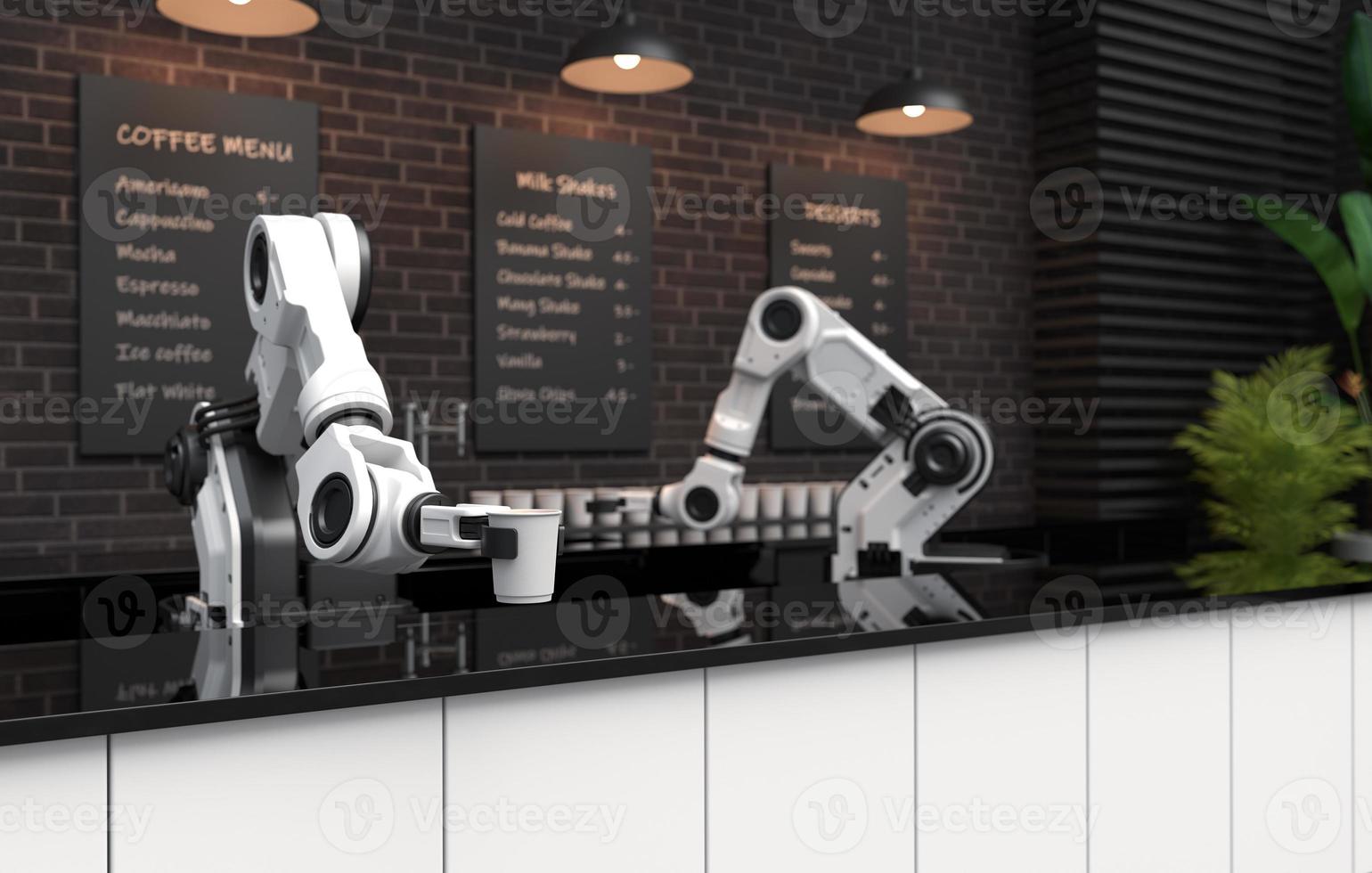 Roboterarm serviert heißen Kaffee in einem Café. foto