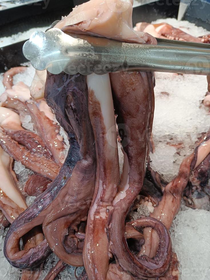 hält die Beine eines lila Oktopus auf Eis. auf dem Markt verkauft. foto