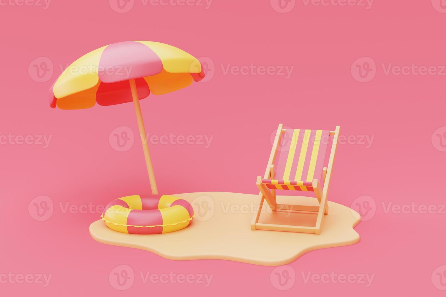 3d-rendering des sommerferienkonzepts mit strandkorb, regenschirm und aufblasbarem schwimmring, sommerelementen, minimalem style.3d-rendering. foto