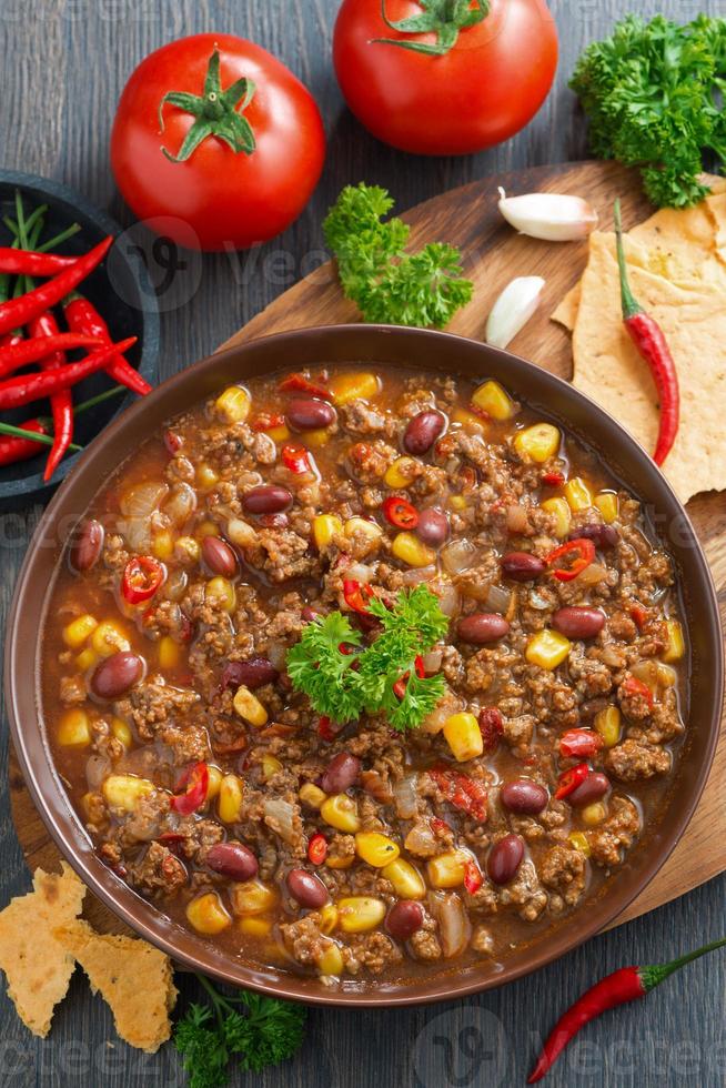 mexikanisches Gericht Chili con Carne, Draufsicht foto