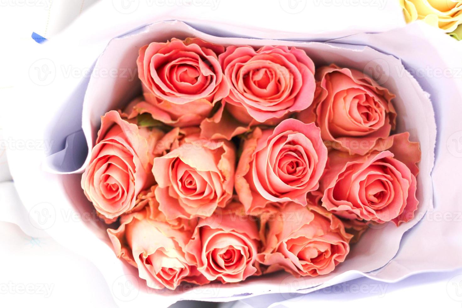 orange rosa schöne rose in papier gewickelt zum verkauf auf dem blumenmarkt, geschenk am valentinstag. foto